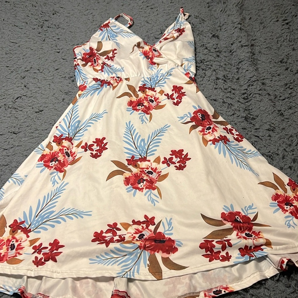 White Floral Midi Dress with Red & Blue Print